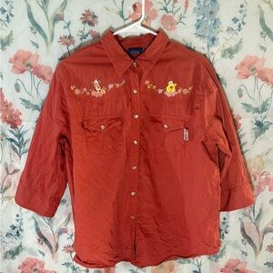 Disney Women's Coral Button Down Shirt with Winnie the Pooh Embroidery